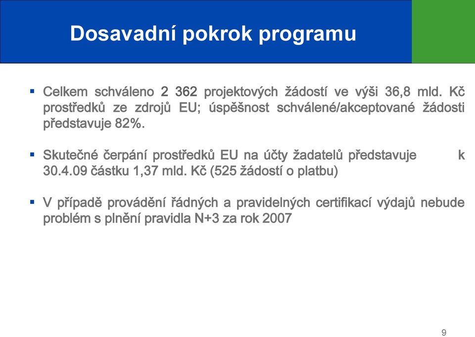 Skutečné čerpání prostředků EU na účty žadatelů představuje 30.4.09 částku 1,37 mld.