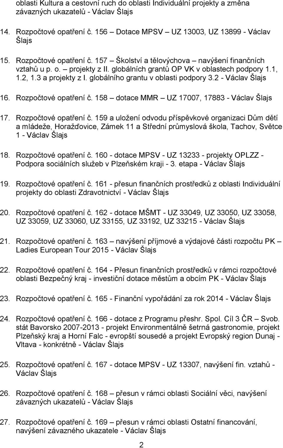 globálního grantu v oblasti podpory 3.2 - Václav Šlajs 16. Rozpočtové opatření č.