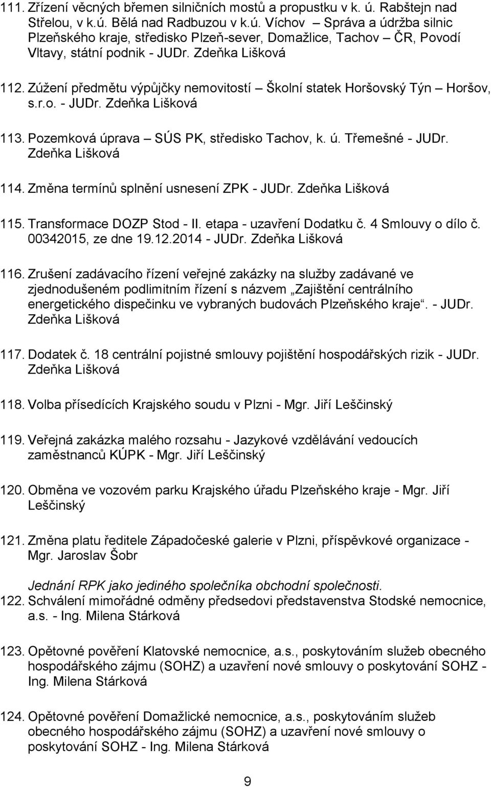 Zdeňka Lišková 114. Změna termínů splnění usnesení ZPK - JUDr. Zdeňka Lišková 115. Transformace DOZP Stod - II. etapa - uzavření Dodatku č. 4 Smlouvy o dílo č. 00342015, ze dne 19.12.2014 - JUDr.