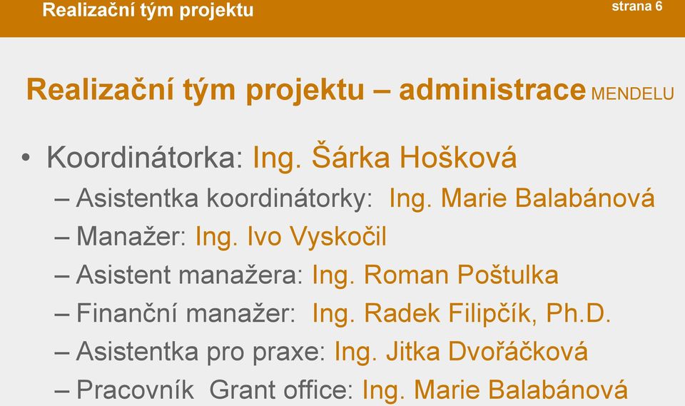 Marie Balabánová Manažer: Ing. Ivo Vyskočil Asistent manažera: Ing.