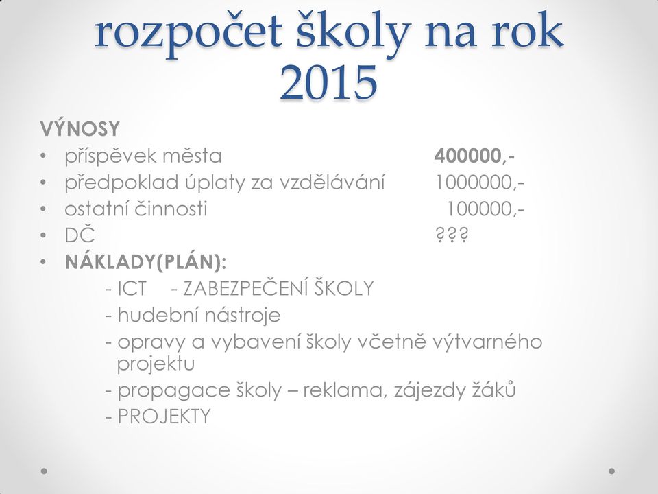?? NÁKLADY(PLÁN): - ICT - ZABEZPEČENÍ ŠKOLY - hudební nástroje - opravy a