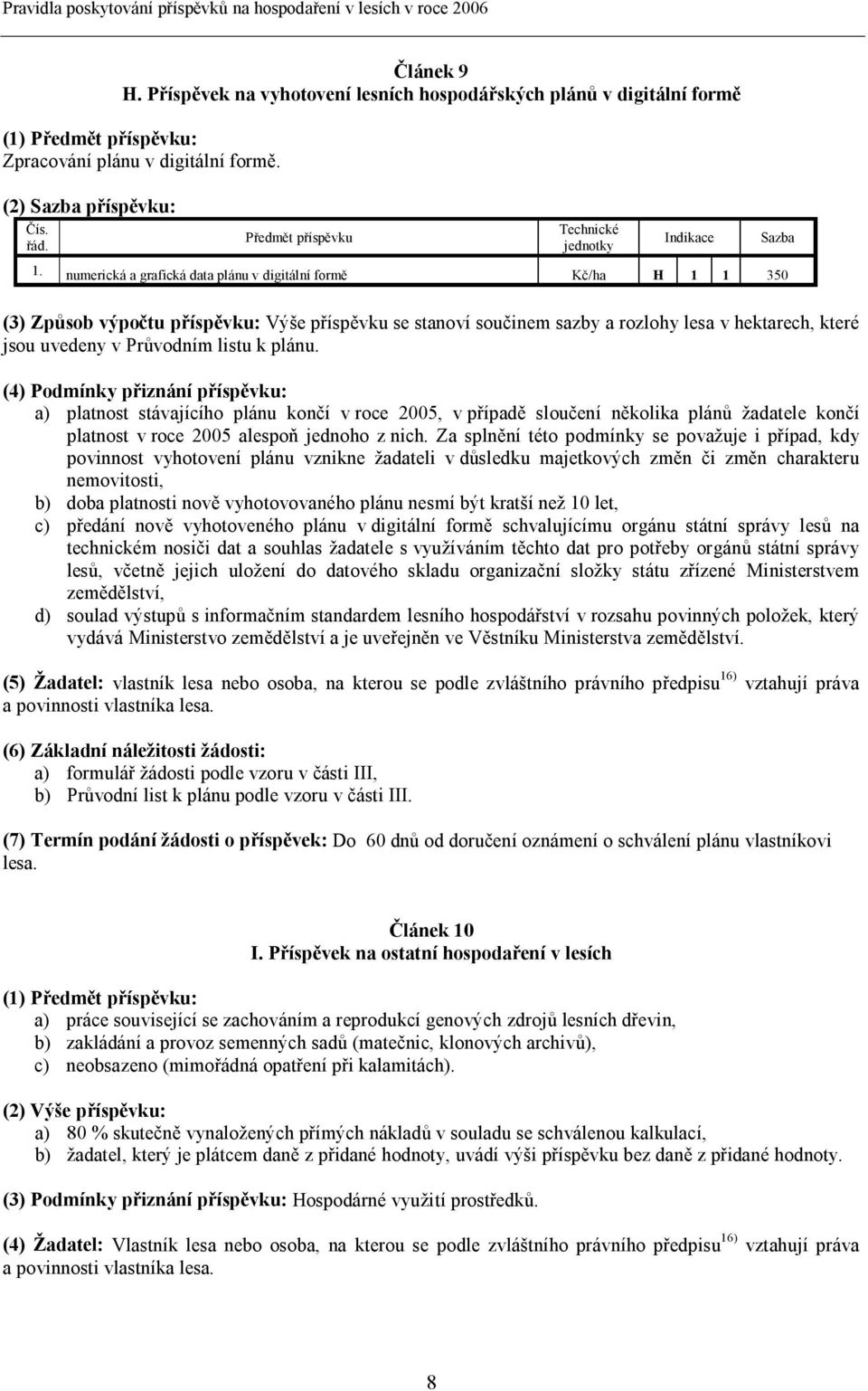 numerická a grafická data plánu v digitální formě Kč/ha H 1 1 350 (3) Způsob výpočtu příspěvku: Výše příspěvku se stanoví součinem sazby a rozlohy lesa v hektarech, které jsou uvedeny v Průvodním