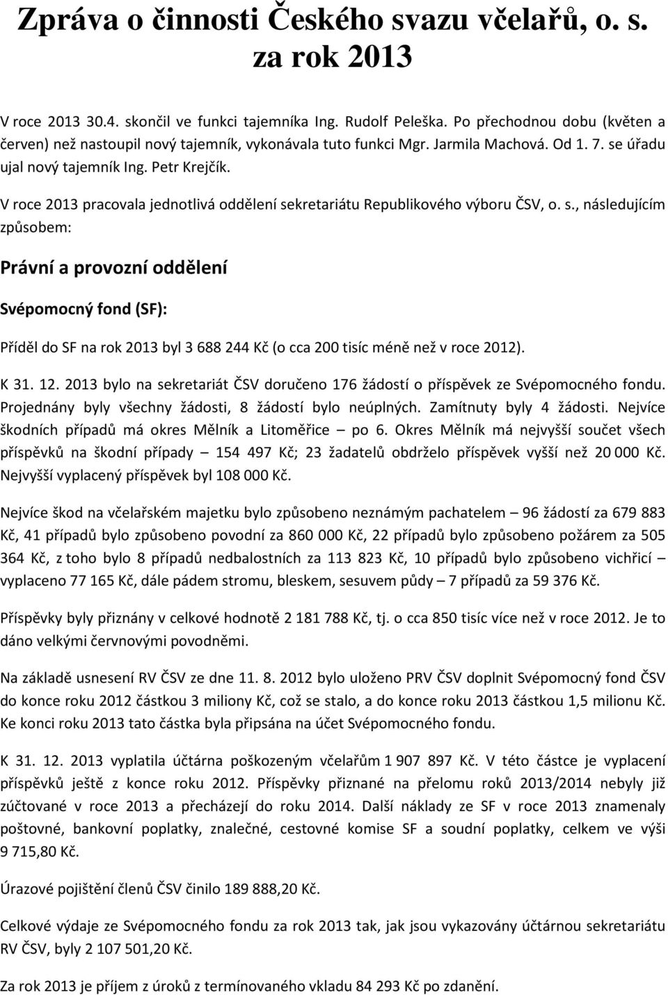 V roce 2013 pracovala jednotlivá oddělení sekretariátu Republikového výboru ČSV, o. s., následujícím způsobem: Právní a provozní oddělení Svépomocný fond (SF): Příděl do SF na rok 2013 byl 3 688 244 Kč (o cca 200 tisíc méně než v roce 2012).