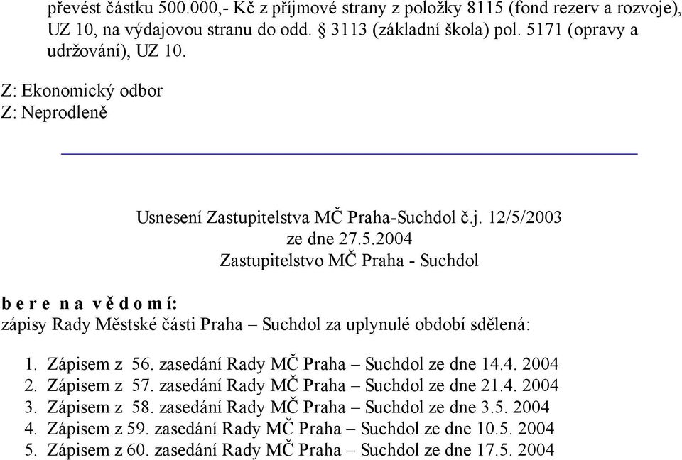 12/5/2003 b e r e n a v ě d o m í: zápisy Rady Městské části Praha Suchdol za uplynulé období sdělená: 1. Zápisem z 56. zasedání Rady MČ Praha Suchdol ze dne 14.4. 2004 2.