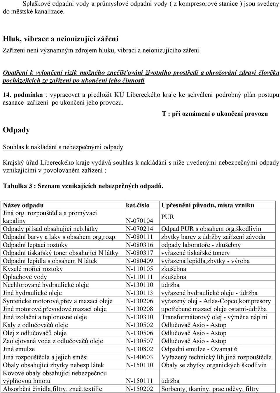 Opatření k vyloučení rizik možného znečišťování životního prostředí a ohrožování zdraví člověka pocházejících ze zařízení po ukončení jeho činnosti 14.