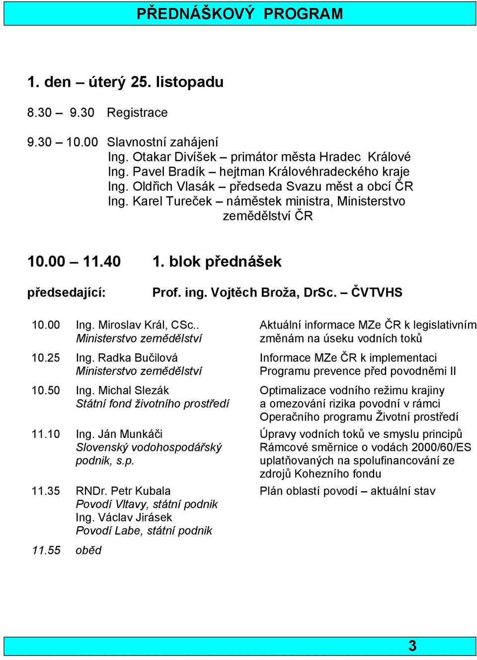 blok přednášek předsedající: Prof. ing. Vojtěch Broža, DrSc. ČVTVHS 10.00 Ing. Miroslav Král, CSc.. Ministerstvo zemědělství 10.25 Ing. Radka Bučilová Ministerstvo zemědělství 10.50 Ing.