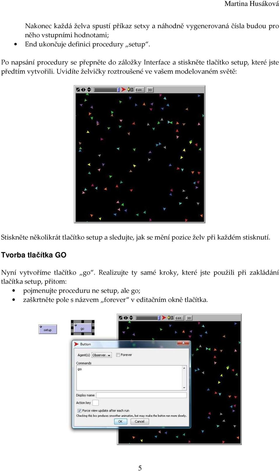 Uvidíte želvičky roztroušené ve vašem modelovaném světě: Stiskněte několikrát tlačítko setup a sledujte, jak se mění pozice želv při každém stisknutí.