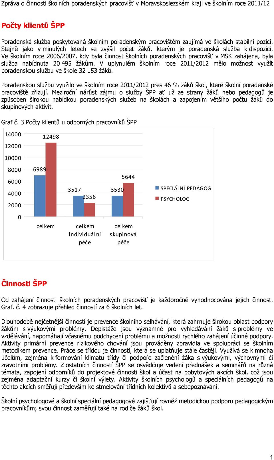 Ve školním roce 2006/2007, kdy byla činnost školních poradenských pracovišť v MSK zahájena, byla služba nabídnuta 20 495 žákům.