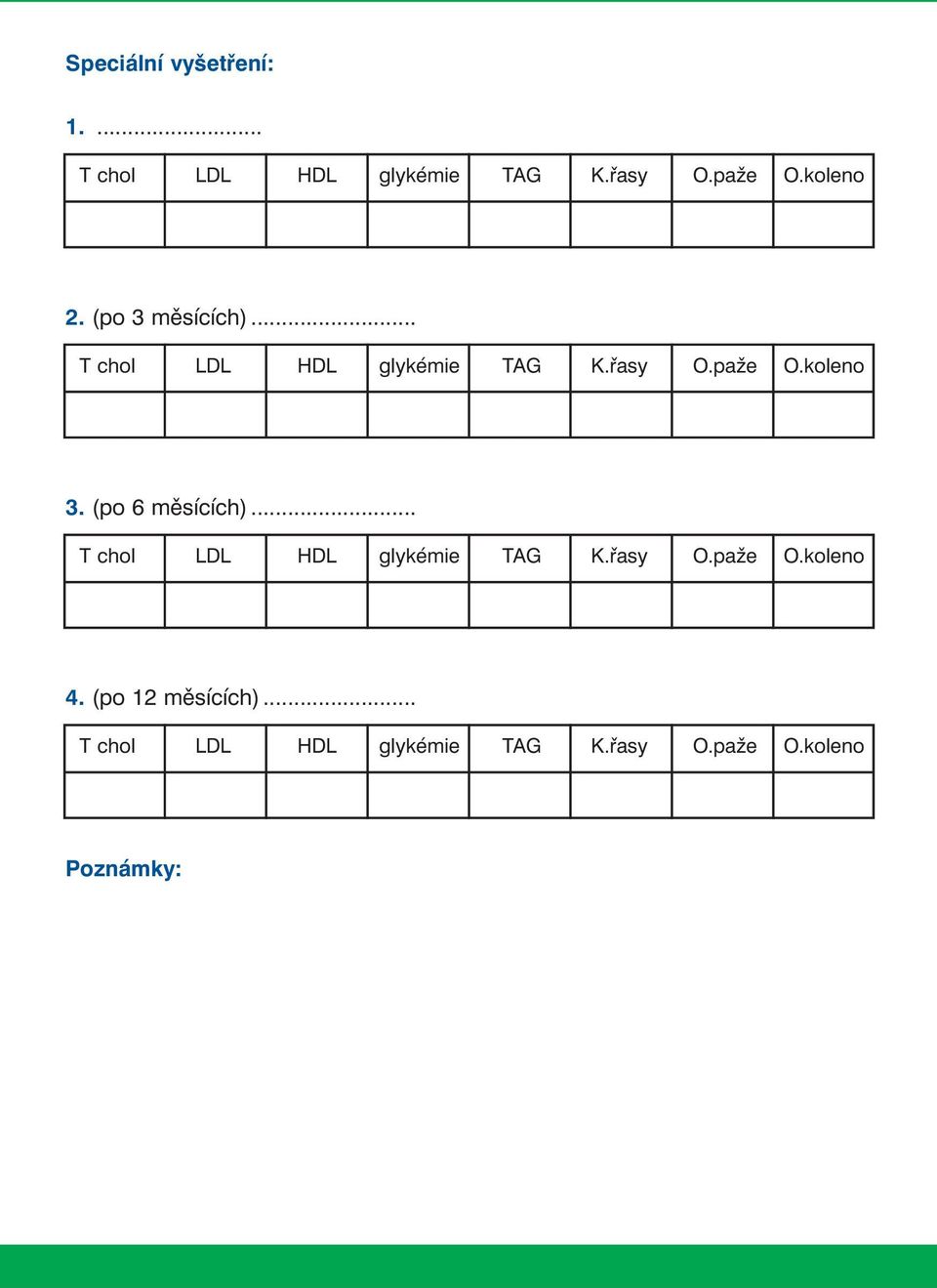 koleno 3. (po 6 měsících)... T chol LDL HDL glykémie TAG K.řasy O.paže O.