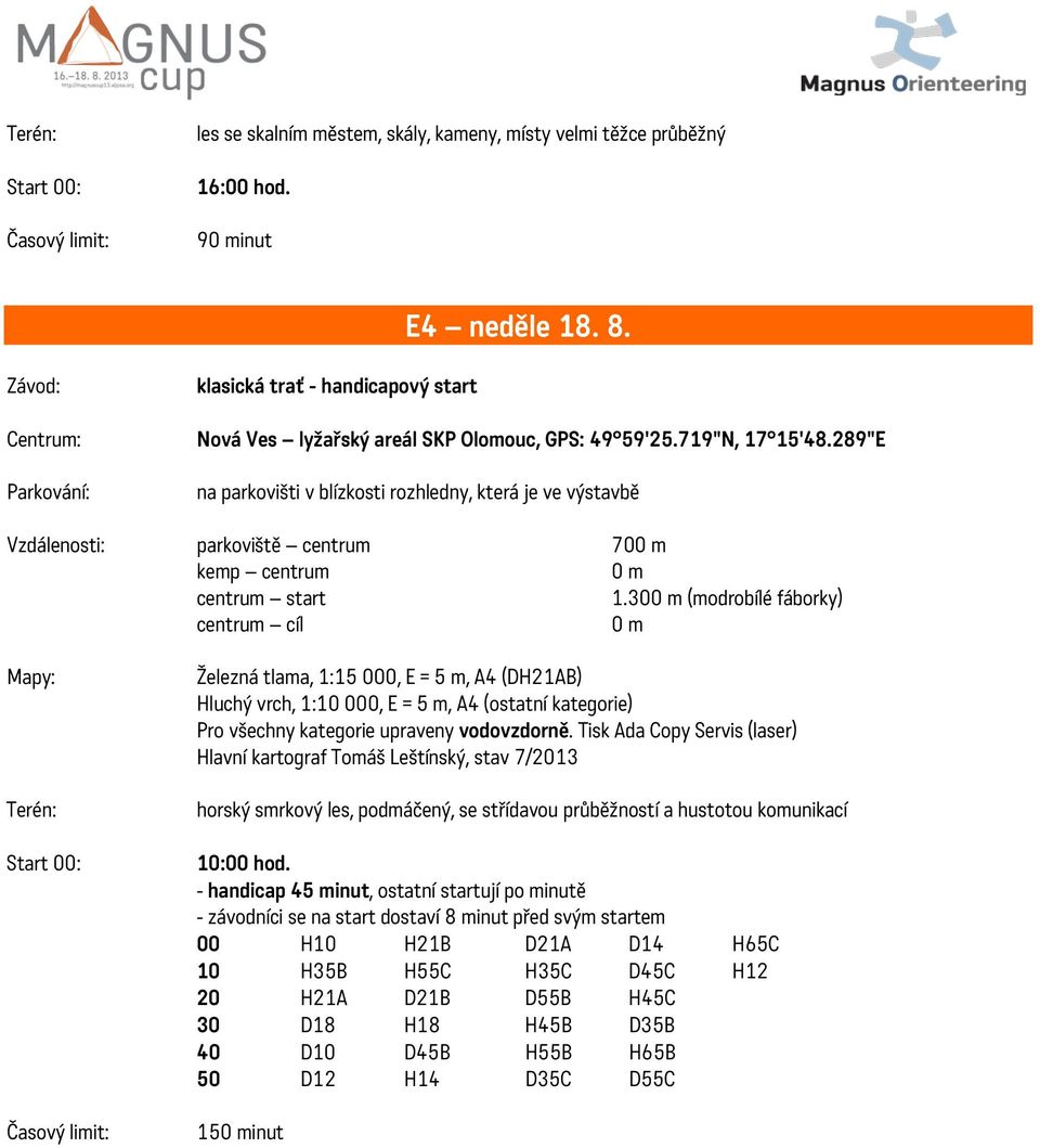 300 m (modrobílé fáborky) 0 m Mapy: Terén: Železná tlama, 1:15 000, E = 5 m, A4 (DH21AB) Hluchý vrch, 1:10 000, E = 5 m, A4 (ostatní kategorie) Hlavní kartograf Tomáš Leštínský, stav 7/2013 horský