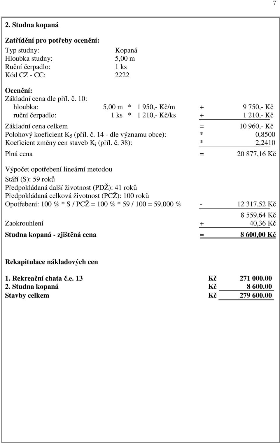 10: hloubka: 5,00 m * 1 950,- Kč/m + 9 750,- Kč ruční čerpadlo: 1 ks * 1 210,- Kč/ks + 1 210,- Kč Základní cena celkem = 10 960,- Kč Polohový koeficient K 5 (příl. č. 14 - dle významu obce): * 0,8500 Koeficient změny cen staveb K i (příl.