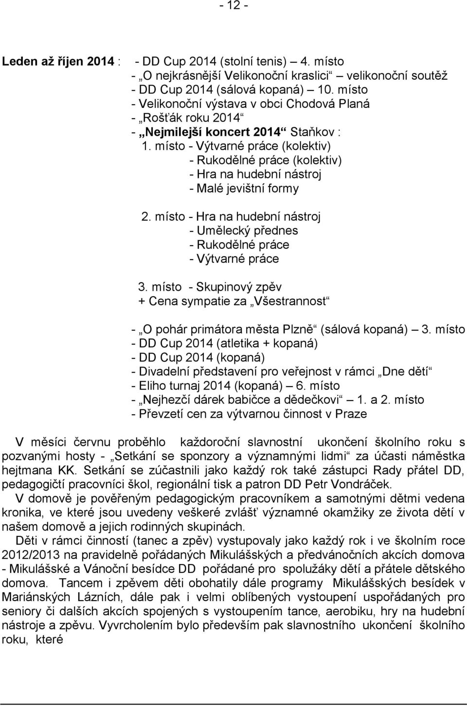 místo - Výtvarné práce (kolektiv) - Rukodělné práce (kolektiv) - Hra na hudební nástroj - Malé jevištní formy 2. místo - Hra na hudební nástroj - Umělecký přednes - Rukodělné práce - Výtvarné práce 3.