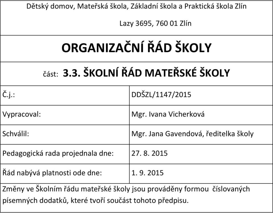 Jana Gavendová, ředitelka školy Pedagogická rada projednala dne: 27. 8. 2015 Řád nabývá platnosti ode dne: 1. 9.