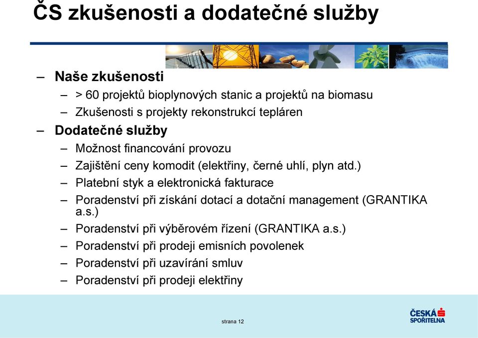 ) Platební styk a elektronická fakturace Poradenství při získání dotací a dotační management (GRANTIKA a.s.) Poradenství při výběrovém řízení (GRANTIKA a.