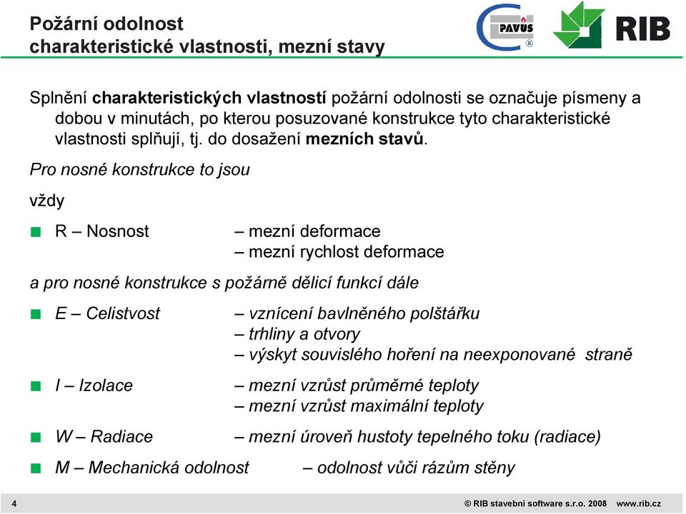 Pro nosné konstrukce to jsou vždy R Nosnost mezní deformace mezní rychlost deformace a pro nosné konstrukce s požárně dělicí funkcí dále E Celistvost I Izolace W Radiace vznícení