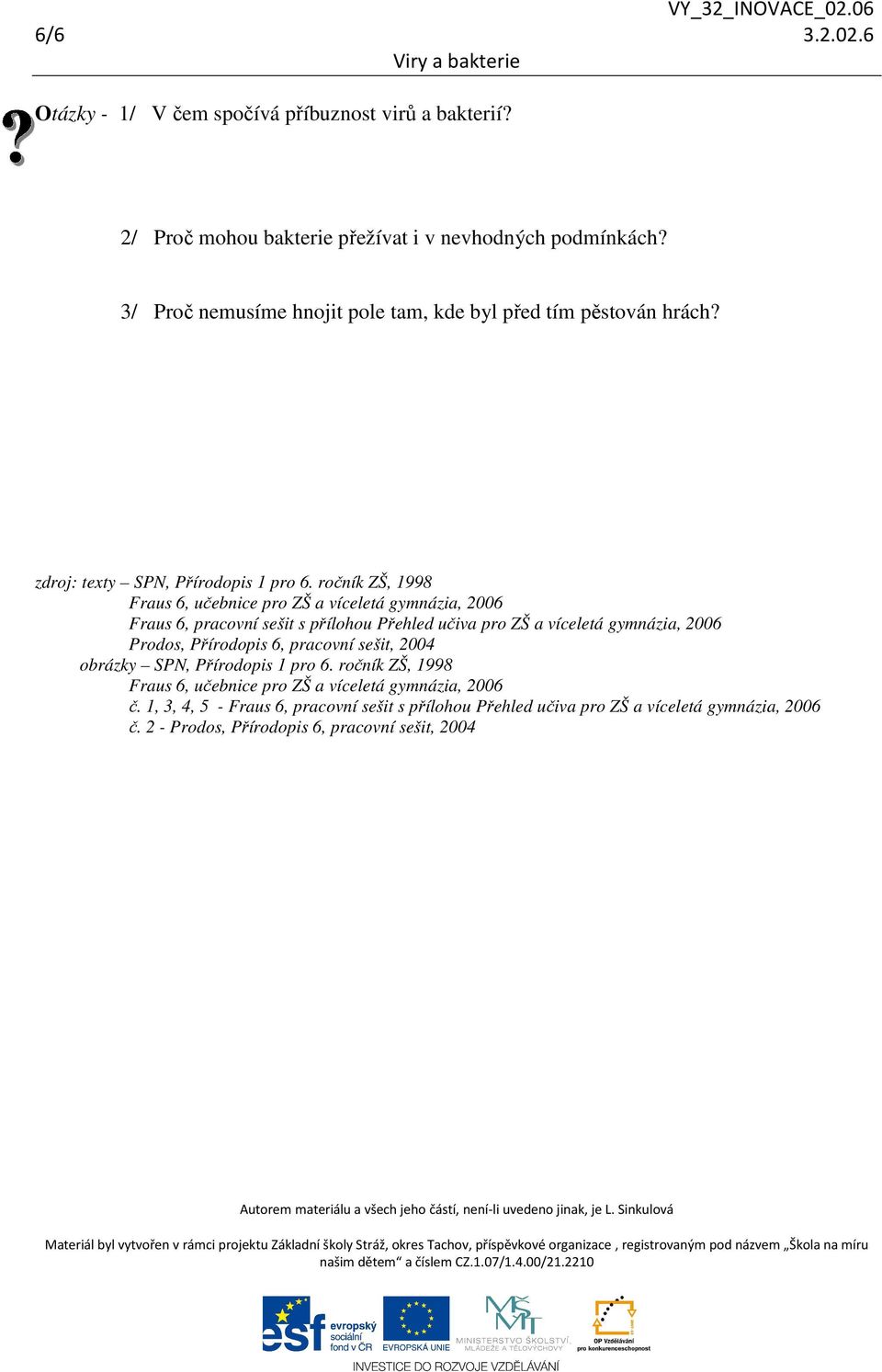 ročník ZŠ, 1998 Fraus 6, učebnice pro ZŠ a víceletá gymnázia, 2006 Fraus 6, pracovní sešit s přílohou Přehled učiva pro ZŠ a víceletá gymnázia, 2006 Prodos, Přírodopis