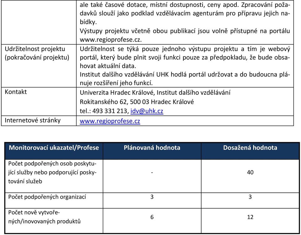 Udržitelnost se týká pouze jednoho výstupu projektu a tím je webový portál, který bude plnit svoji funkci pouze za předpokladu, že bude obsahovat aktuální data.