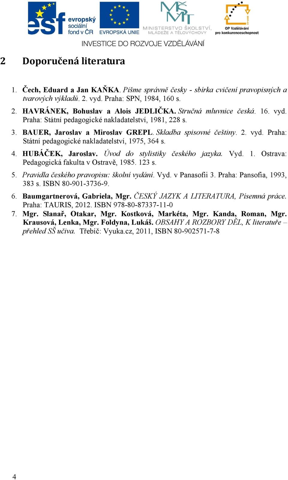 4. HUBÁČEK, Jaroslav. Úvod do stylistiky českého jazyka. Vyd. 1. Ostrava: Pedagogická fakulta v Ostravě, 1985. 123 s. 5. Pravidla českého pravopisu: školní vydání. Vyd. v Panasofii 3.