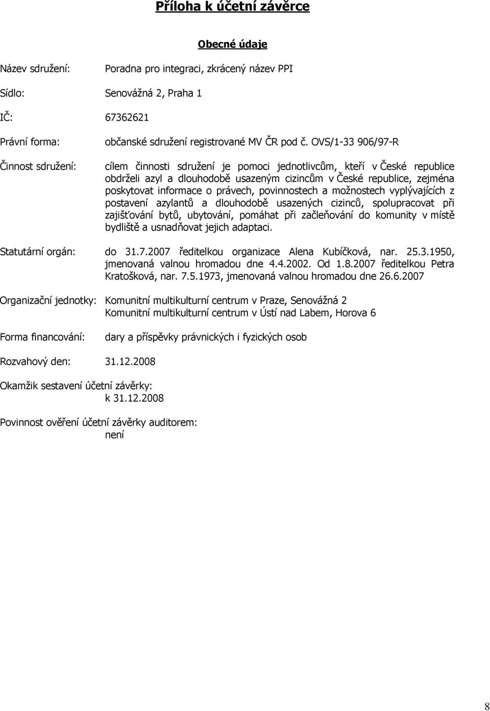 OVS/1-33 906/97-R cílem činnosti sdružení je pomoci jednotlivcům, kteří v České republice obdrželi azyl a dlouhodobě usazeným cizincům v České republice, zejména poskytovat informace o právech,