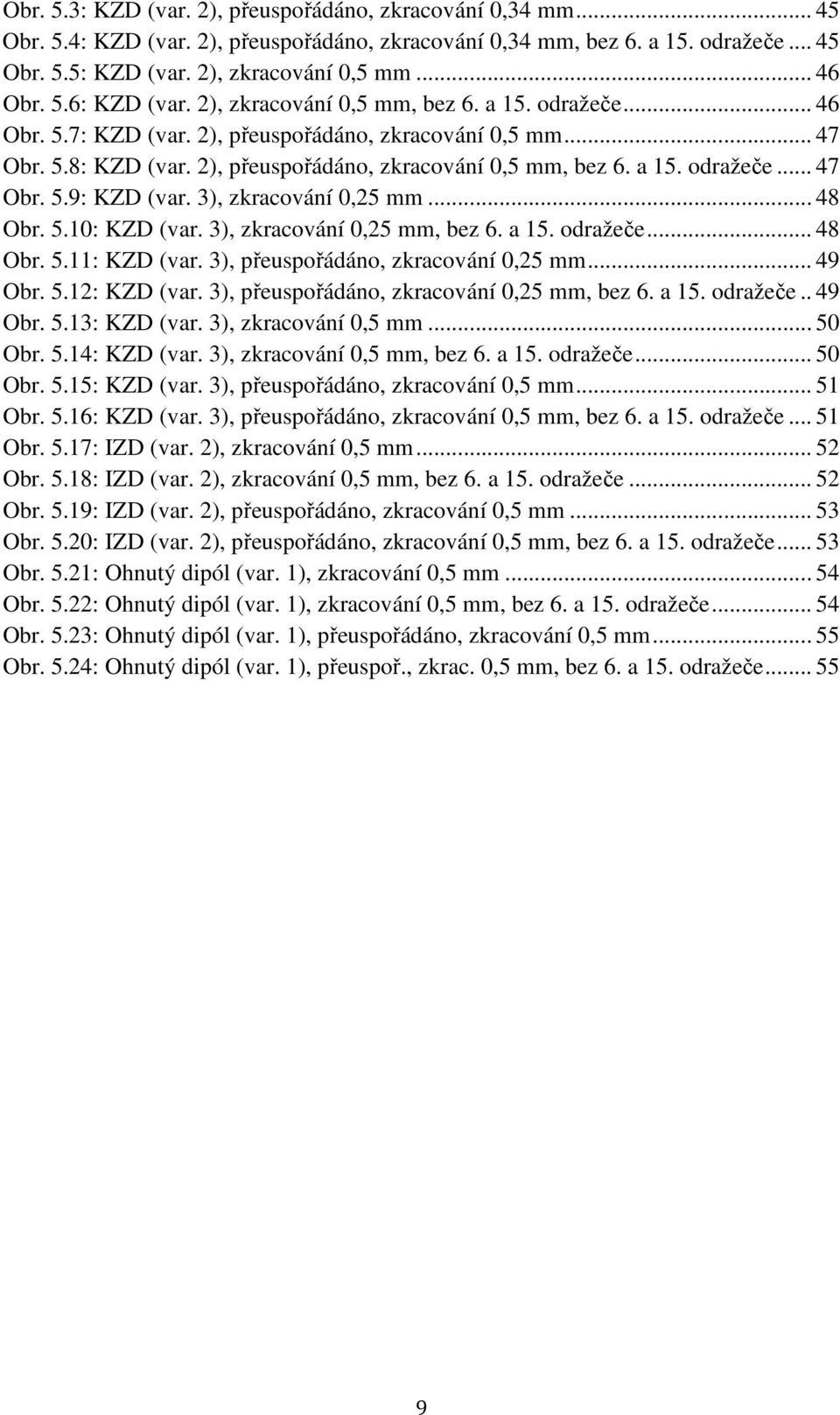 2), přeuspořádáno, zkracování 0,5 mm, bez 6. a 15. odražeče... 47 Obr. 5.9: KZD (var. 3), zkracování 0,25 mm... 48 Obr. 5.10: KZD (var. 3), zkracování 0,25 mm, bez 6. a 15. odražeče... 48 Obr. 5.11: KZD (var.