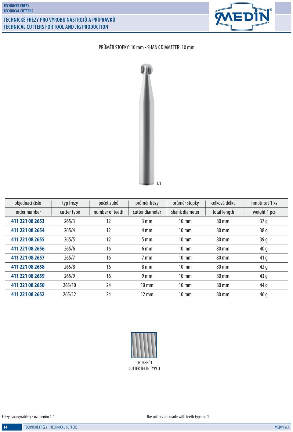265/4 12 4 mm 10 mm 80 mm 38 g 411 221 08 2655 265/5 12 5 mm 10 mm 80 mm 39 g 411 221 08 2656 265/6 16 6 mm 10 mm 80 mm 40 g 411 221 08 2657 265/7 16 7 mm 10 mm 80 mm 41 g 411 221 08 2658 265/8 16 8