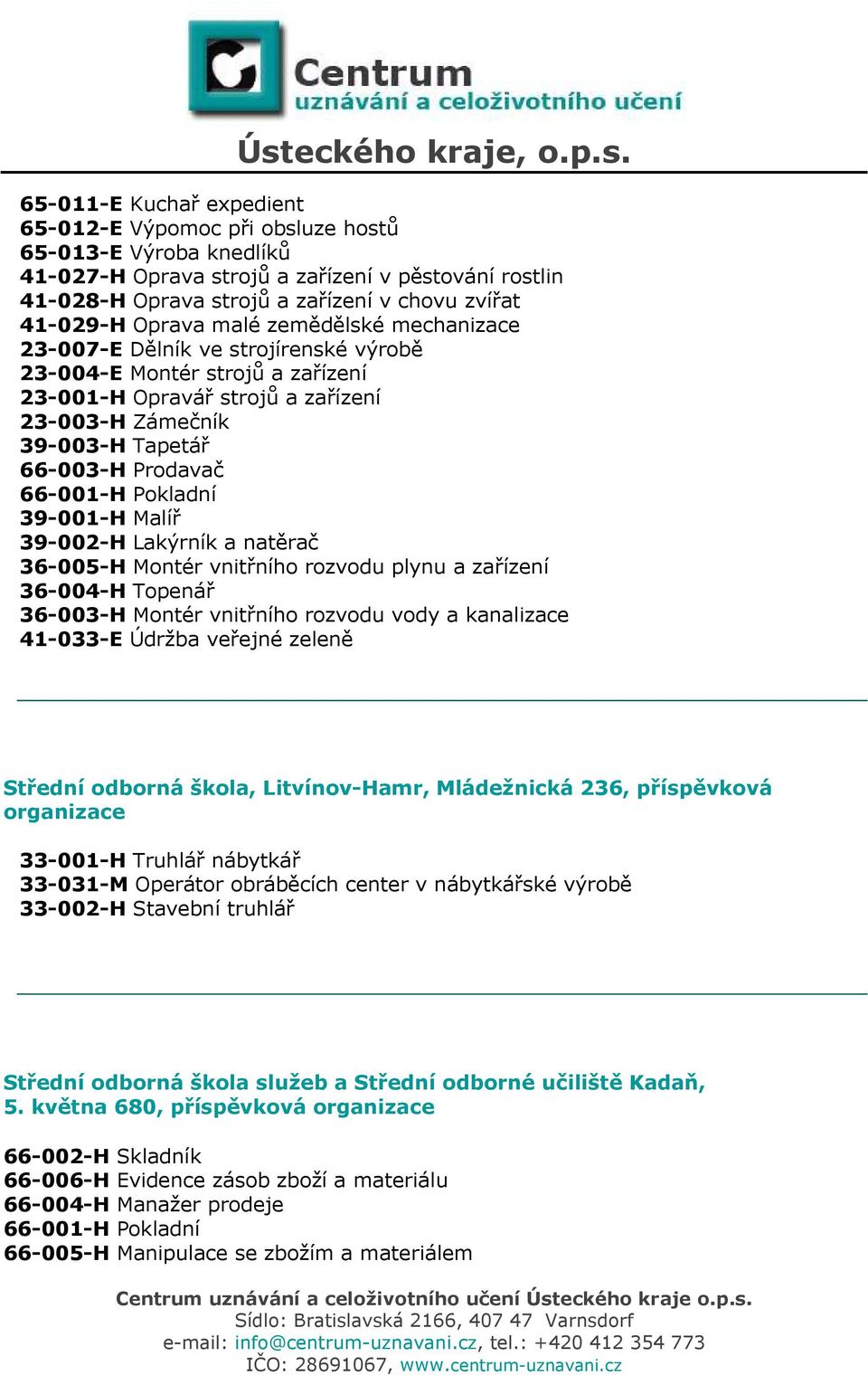 66-001-H Pokladní 39-001-H Malíř 39-002-H Lakýrník a natěrač 36-005-H Montér vnitřního rozvodu plynu a zařízení 36-004-H Topenář 36-003-H Montér vnitřního rozvodu vody a kanalizace 41-033-E Údržba