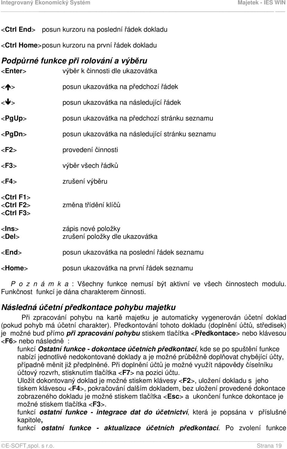 ukazovátka na následující stránku seznamu provedení činnosti výběr všech řádků zrušení výběru změna třídění klíčů zápis nové položky zrušení položky dle ukazovátka posun ukazovátka na poslední řádek