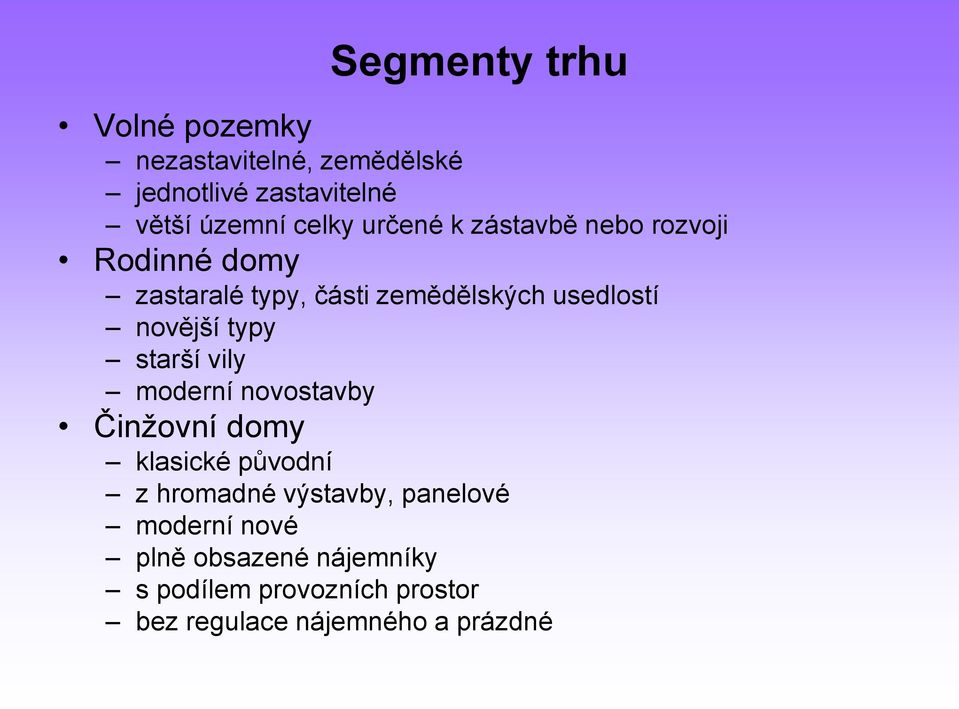 typy starší vily moderní novostavby Činžovní domy klasické původní z hromadné výstavby, panelové