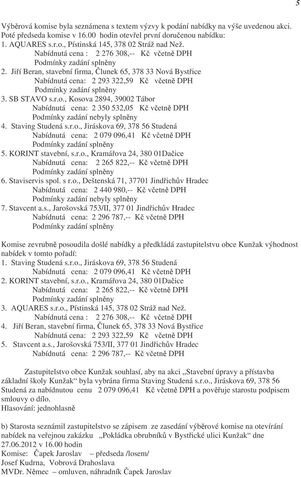 Staving Studená s.r.o., Jiráskova 69, 378 56 Studená Nabídnutá cena: 2 079 096,41 Kč včetně DPH 5. KORINT stavební, s.r.o., Kramářova 24, 380 01Dačice Nabídnutá cena: 2 265 822,-- Kč včetně DPH 6.