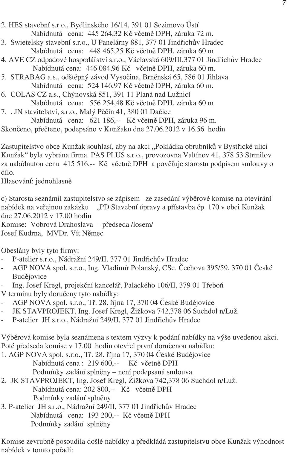 6. COLAS CZ a.s., Chýnovská 851, 391 11 Planá nad Lužnicí Nabídnutá cena: 556 254,48 Kč včetně DPH, záruka 60 m 7.. JN stavitelství, s.r.o., Malý Pěčín 41, 380 01 Dačice Nabídnutá cena: 621 186,-- Kč včetně DPH, záruka 96 m.