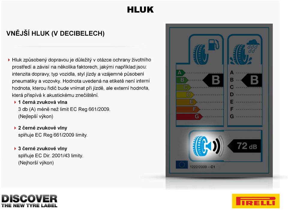 Hodnota uvedená na etiketě není interní hodnota, kterou řidič bude vnímat při jízdě, ale externí hodnota, která přispívá k akustickému znečištění.