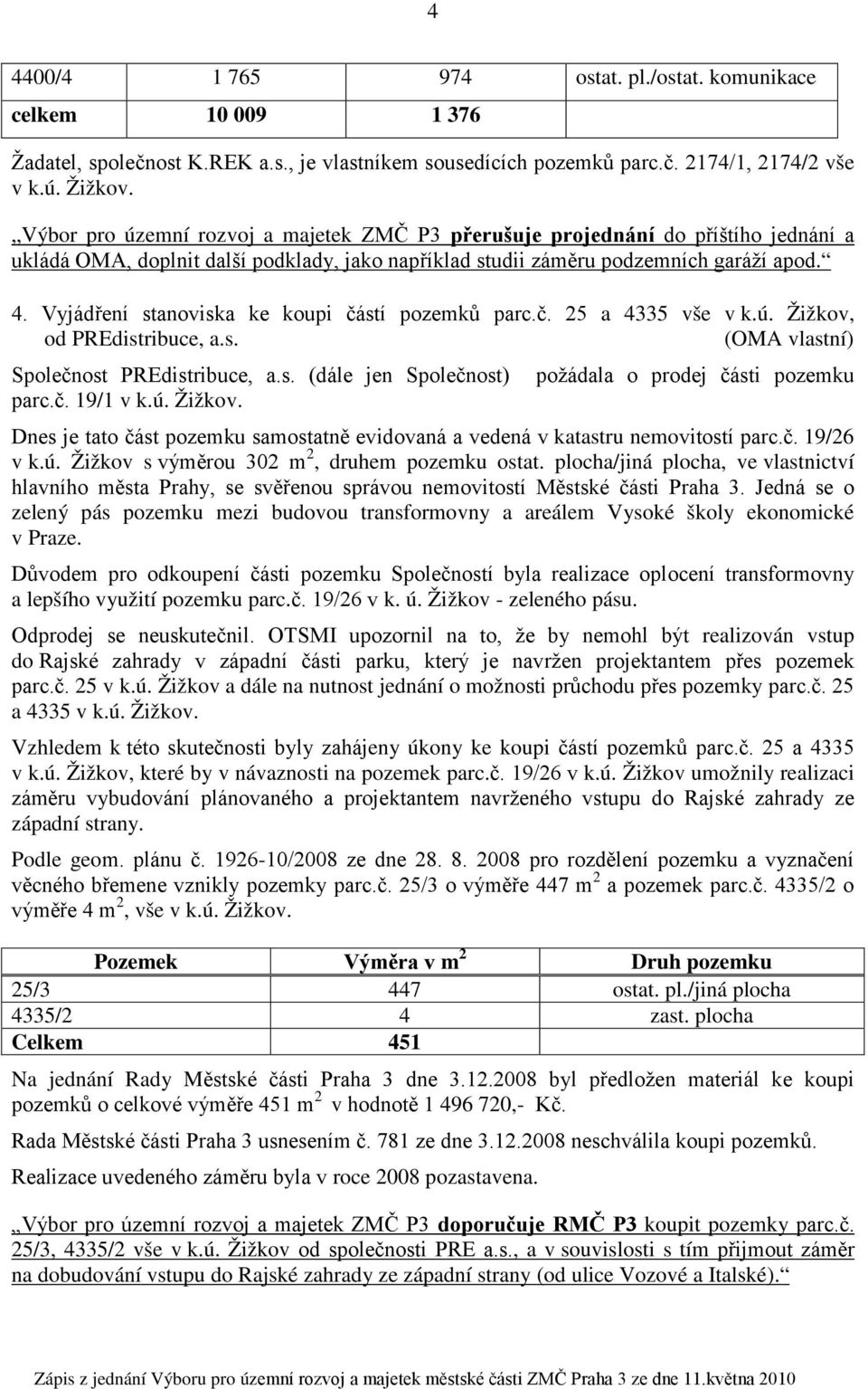 Vyjádření stanoviska ke koupi částí pozemků parc.č. 25 a 4335 vše v k.ú. Žižkov, od PREdistribuce, a.s. (OMA vlastní) Společnost PREdistribuce, a.s. (dále jen Společnost) parc.č. 19/1 v k.ú. Žižkov. požádala o prodej části pozemku Dnes je tato část pozemku samostatně evidovaná a vedená v katastru nemovitostí parc.