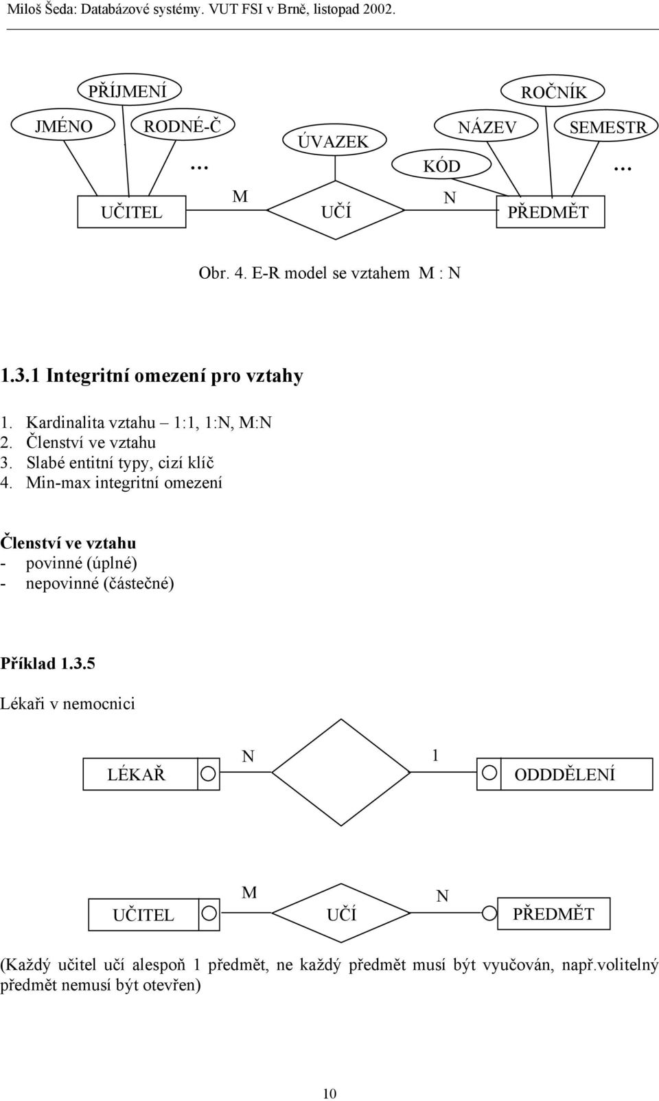 Min-max integritní omezení Členství ve vztahu - povinné (úplné) - nepovinné (částečné) Příklad 1.3.