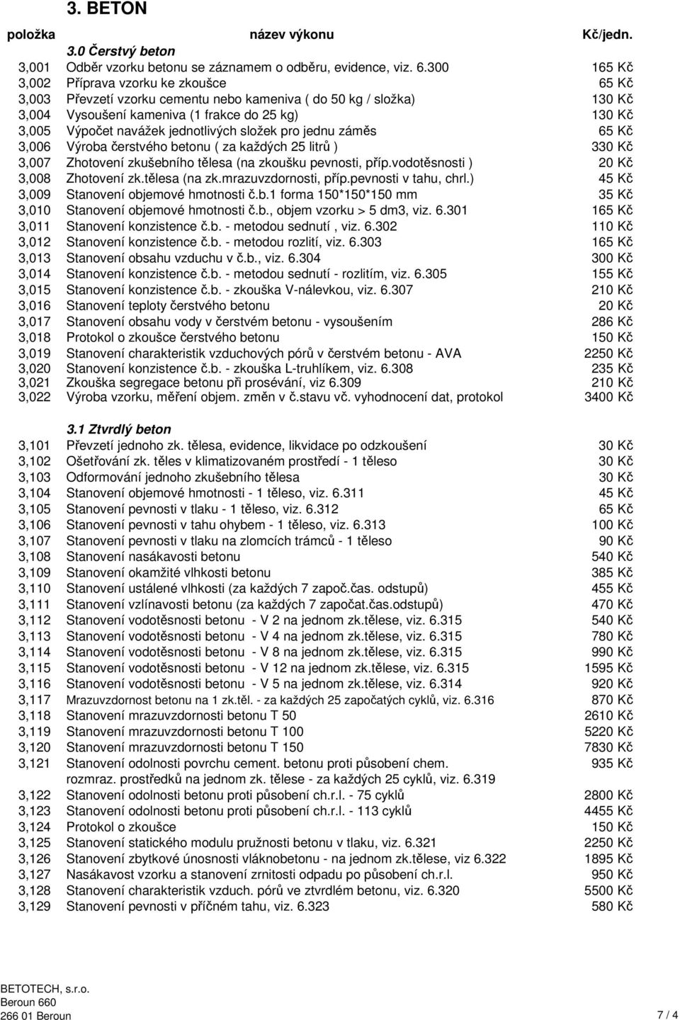 jednotlivých složek pro jednu záměs 65 Kč 3,006 Výroba čerstvého betonu ( za každých 25 litrů ) 330 Kč 3,007 Zhotovení zkušebního tělesa (na zkoušku pevnosti, příp.