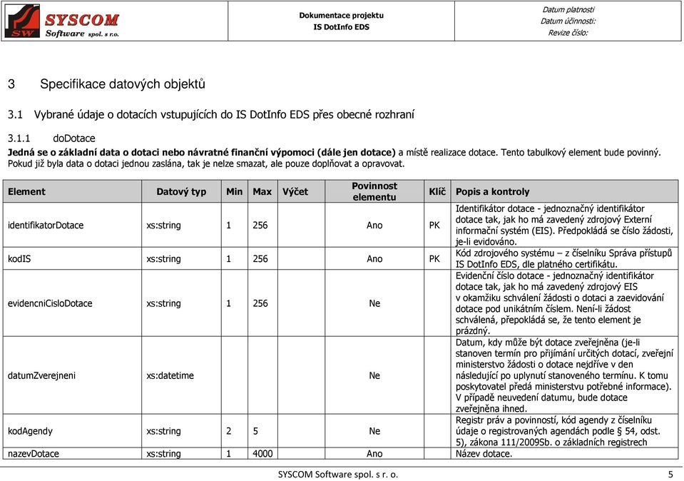 Tento tabulkový element bude povinný. Pokud již byla data o dotaci jednou zaslána, tak je nelze smazat, ale pouze doplňovat a opravovat.