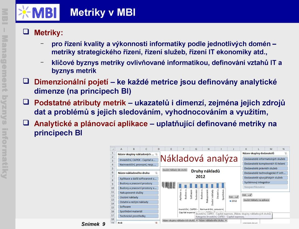 , klíčové byznys metriky ovlivňované informatikou, definování vztahů a byznys metrik Dimenzionální pojetí ke každé metrice jsou definovány