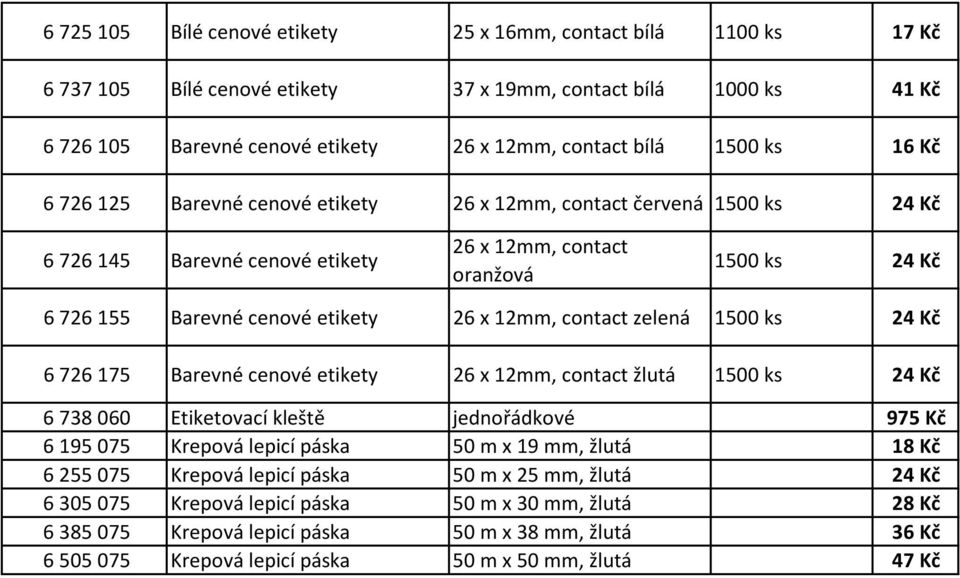 zelená 1500 ks 24 Kč 6 726 175 Barevné cenové etikety 26 x 12mm, contact žlutá 1500 ks 24 Kč 6 738 060 Etiketovací kleště jednořádkové 975 Kč 6 195 075 Krepová lepicí páska 50 m x 19 mm, žlutá 18 Kč