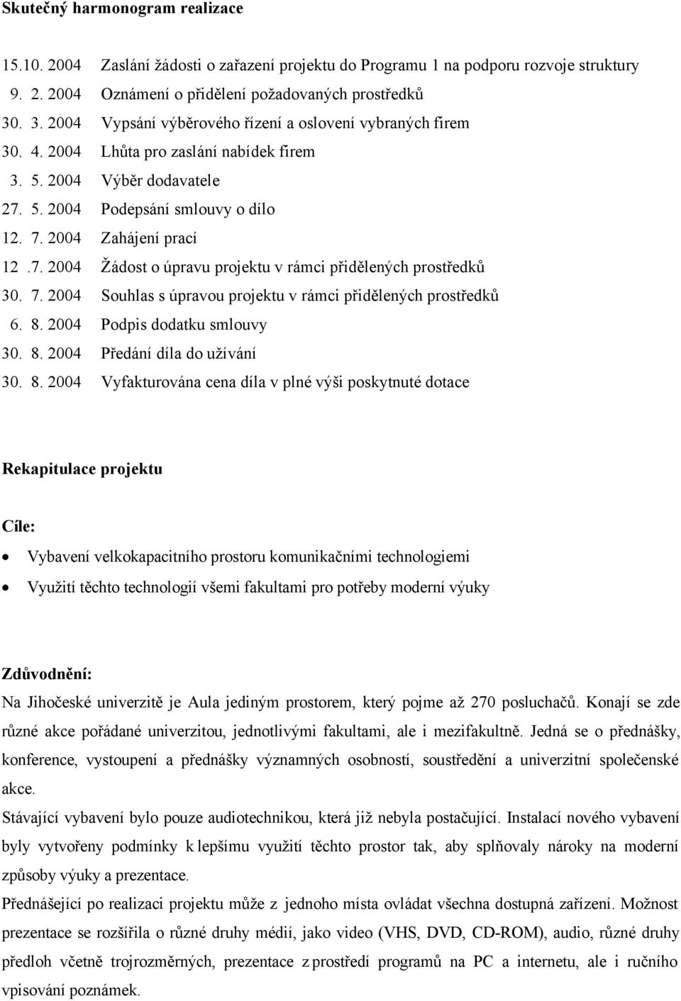 2004 Zahájení prací 12.7. 2004 Žádost o úpravu projektu v rámci přidělených prostředků 30. 7. 2004 Souhlas s úpravou projektu v rámci přidělených prostředků 6. 8. 2004 Podpis dodatku smlouvy 30. 8. 2004 Předání díla do užívání 30.