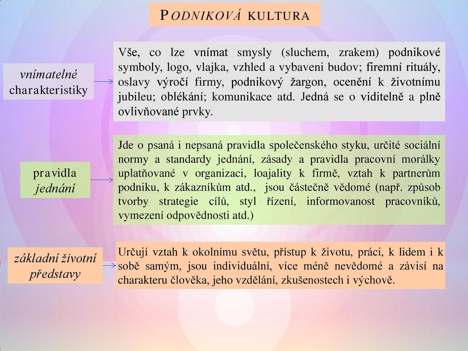 pravidla jednání Jde o psaná i nepsaná pravidla společenského styku, určité sociální normy a standardy jednání, zásady a pravidla pracovní morálky uplatňované v organizaci, loajality k firmě, vztah k