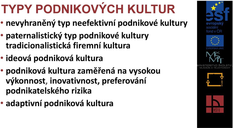 ideová podniková kultura podniková kultura zaměřená na vysokou výkonnost,