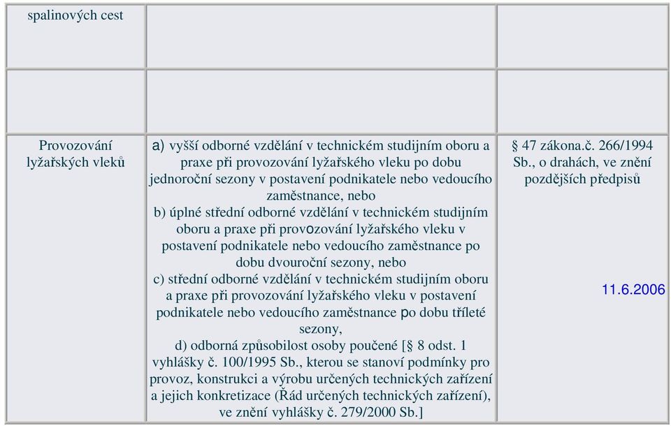 c) střední odborné vzdělání v technickém studijním oboru a praxe při provozování lyžařského vleku v postavení podnikatele vedoucího zaměstnance po dobu tříleté sezony, d) odborná způsobilost osoby