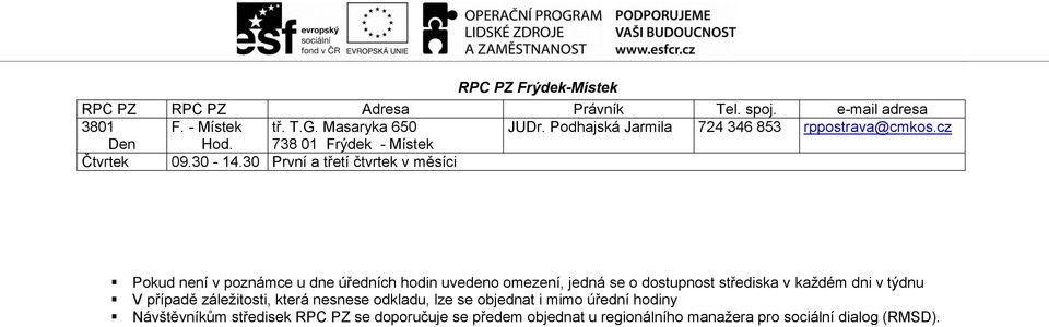 30 První a třetí čtvrtek v měsíci Pokud není v poznámce u dne úředních hodin uvedeno omezení, jedná se o dostupnost střediska