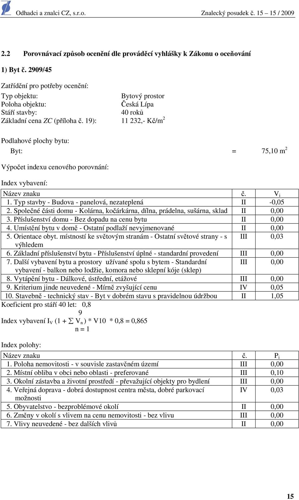 19): 11 232,- Kč/m 2 Podlahové plochy bytu: Byt: = 75,10 m 2 Výpočet indexu cenového porovnání: Index vybavení: Název znaku č. V i 1. Typ stavby - Budova - panelová, nezateplená II -0,05 2.