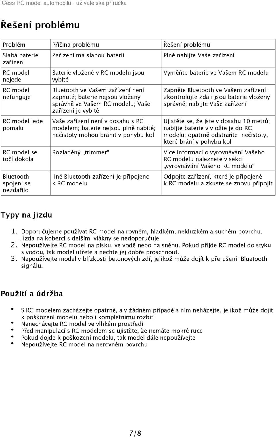 dosahu s RC modelem; baterie nejsou pln nabité; ne istoty mohou bránit v pohybu kol Rozlad n trimmer Jiné Bluetooth za ízení je p ipojeno k RC modelu Pln nabijte Va e za ízení Vym te baterie ve Va em