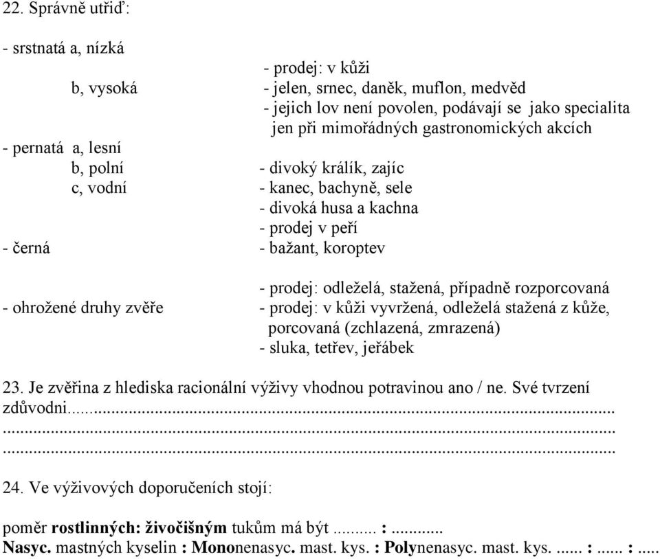 rozporcovaná - ohrožené druhy zvěře - prodej: v kůži vyvržená, odleželá stažená z kůže, porcovaná (zchlazená, zmrazená) - sluka, tetřev, jeřábek 23.