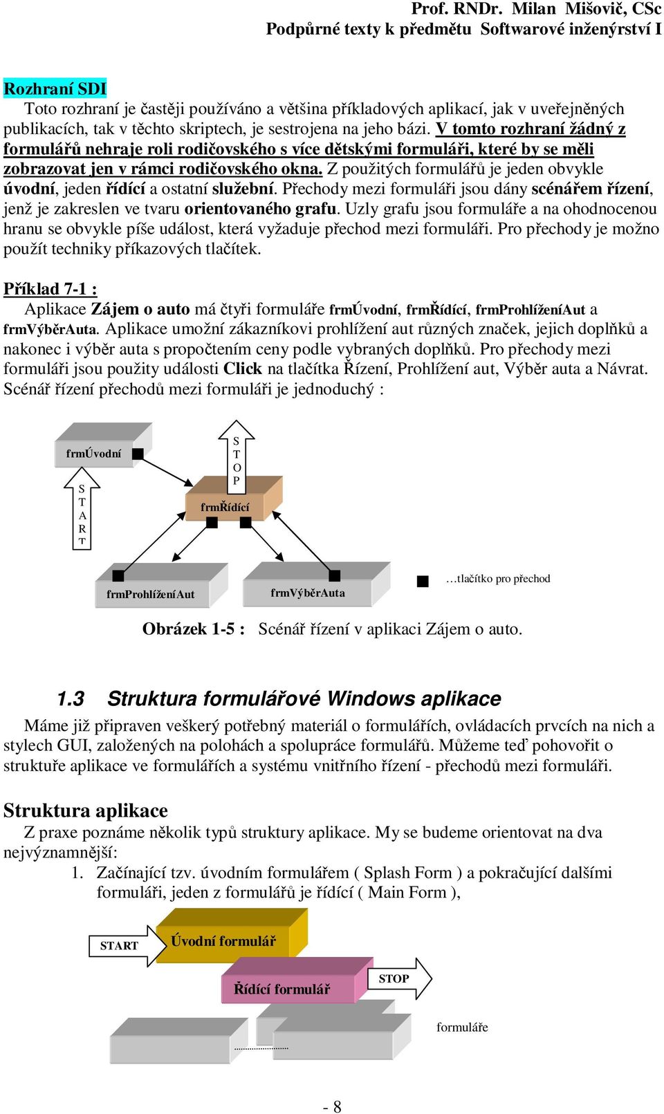 Z použitých formulářů je jeden obvykle úvodní, jeden řídící a ostatní služební. Přechody mezi formuláři jsou dány scénářem řízení, jenž je zakreslen ve tvaru orientovaného grafu.