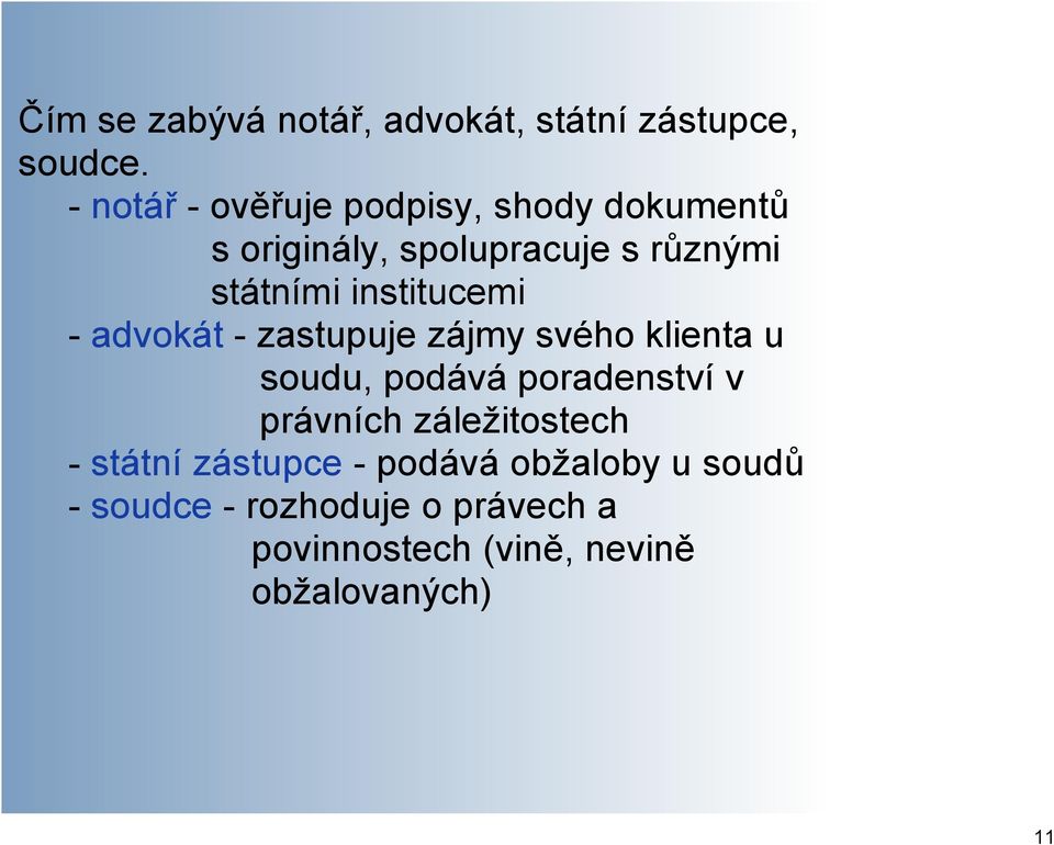 institucemi advokát zastupuje zájmy svého klienta u soudu, podává poradenství v právních