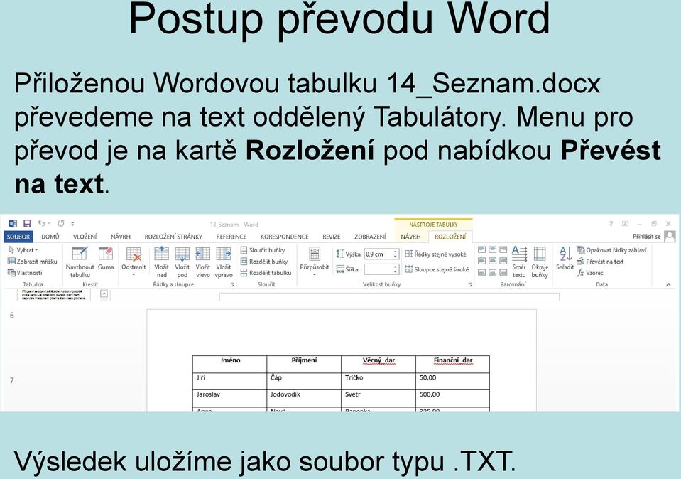 docx převedeme na text oddělený Tabulátory.