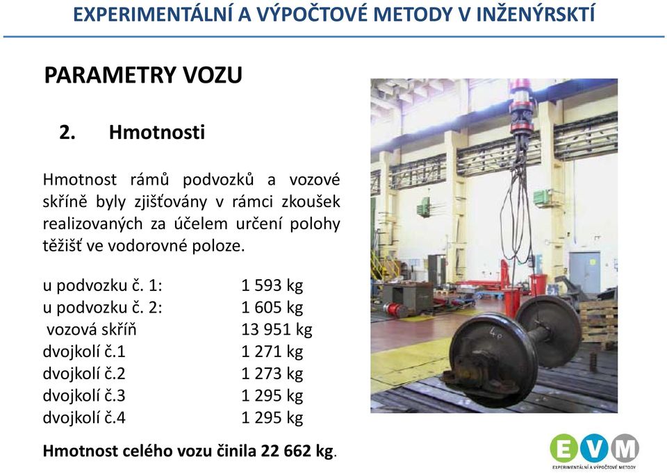 realizovaných za účelem určení polohy těžišť ve vodorovné poloze. u podvozku č.