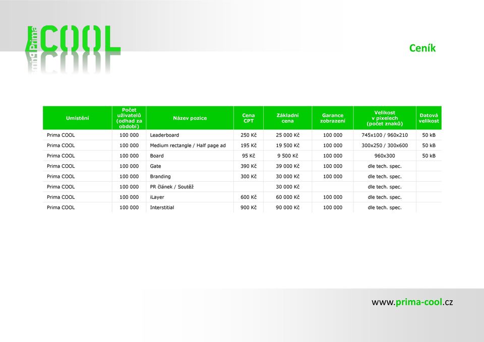 Board 95 Kč 9 500 Kč 100 000 960x300 50 kb Prima COOL 100 000 Gate 390 Kč 39 000 Kč 100 000 dle tech. spec. Prima COOL 100 000 Branding 300 Kč 30 000 Kč 100 000 dle tech. spec. Prima COOL 100 000 PR článek / Soutěž 30 000 Kč dle tech.
